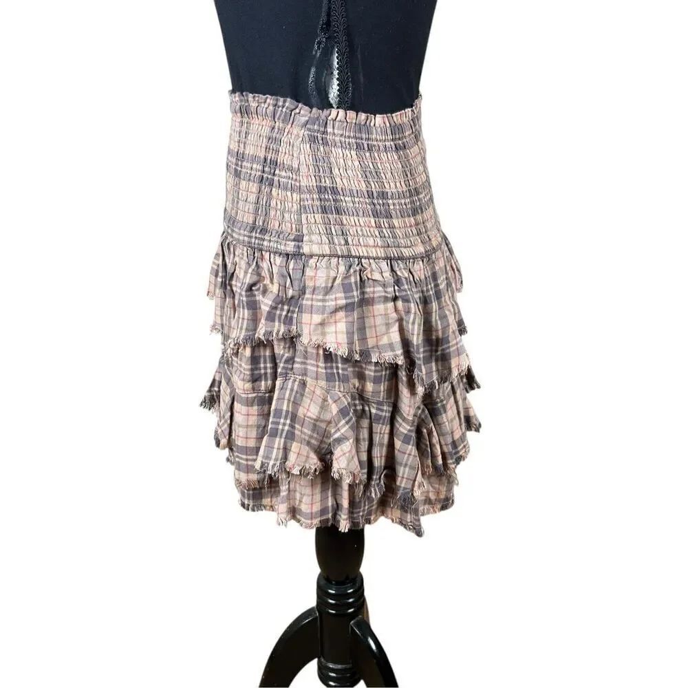Free People XS Y2K Smocked Plaid Layered Raw Edge Mini Skirt boho Lagenlook - Picture 2 of 5